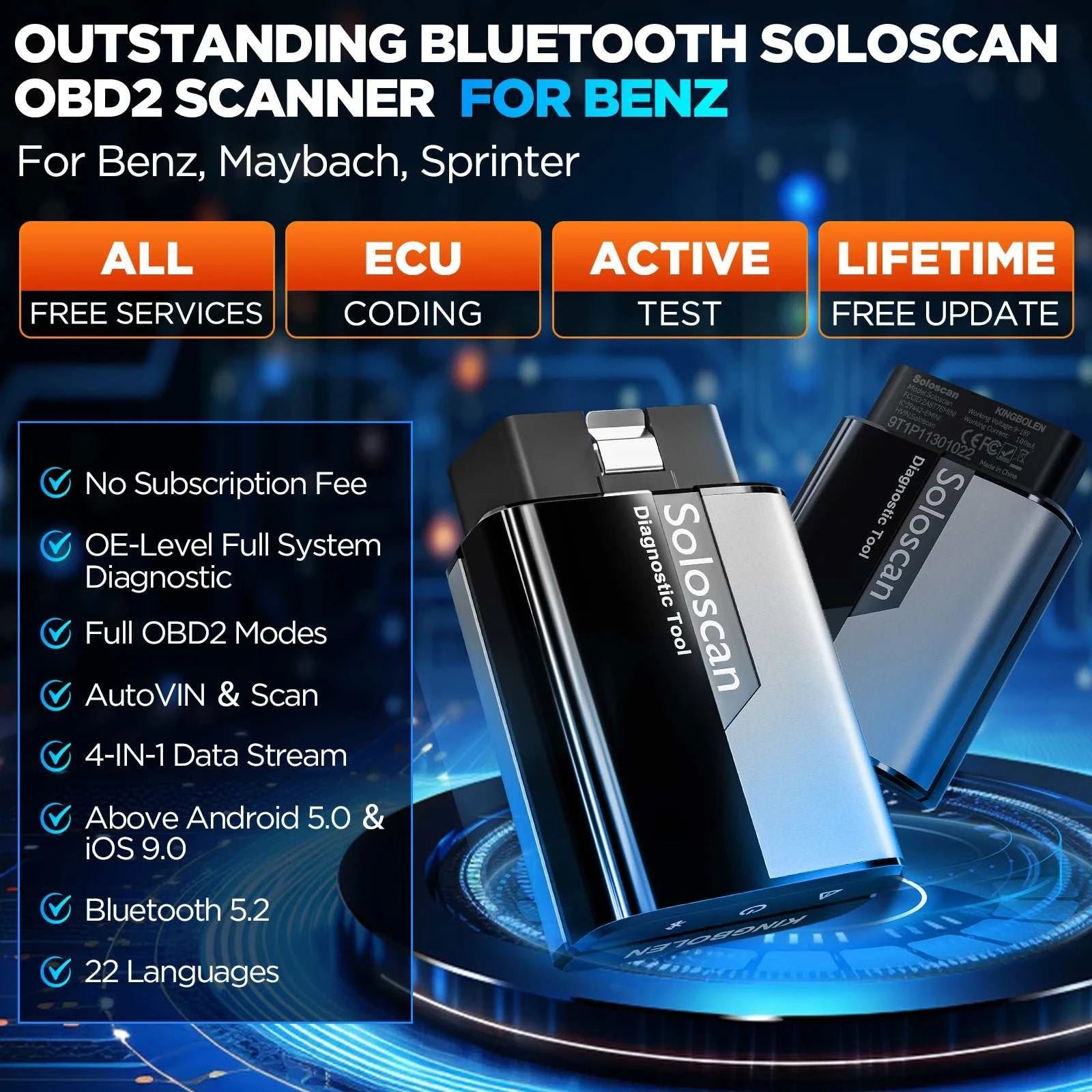 Kingbolen Soloscan OBD2 Audi Diagnostic Scanner with ECU Coding & Lifetime Updates