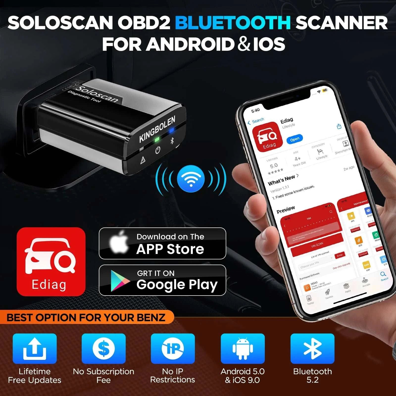 Kingbolen Soloscan OBD2 Audi Diagnostic Scanner with ECU Coding & Lifetime Updates
