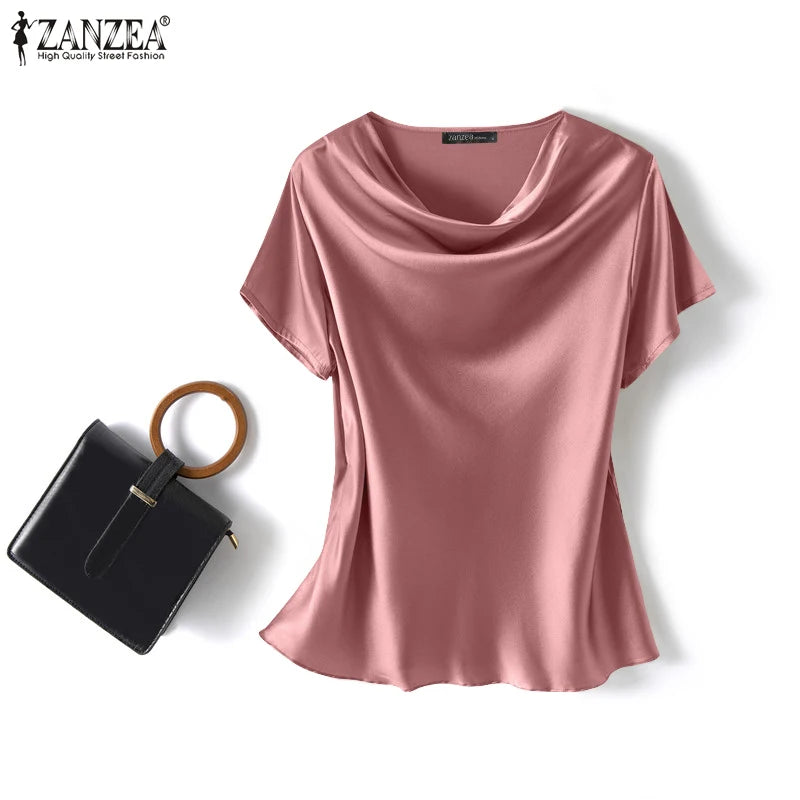 ZANZEA 2023 Women Summer Blouses Stylish Satin Tops Short Sleeve Blusas Female O Neck Casual Home Wear Tunic Oversized Chemise