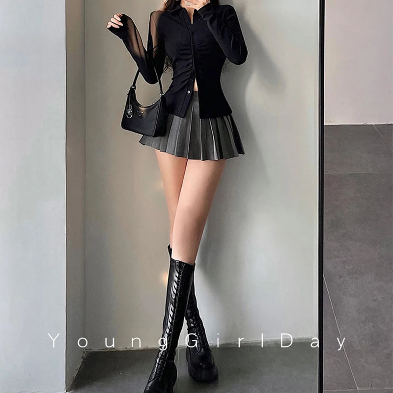 MEXZT Streetwear Sexy Mini Skirt Women Y2K Irregular Pleated Skirts with Shorts Korean White Black Gyaru Tennis Extreme Skirt