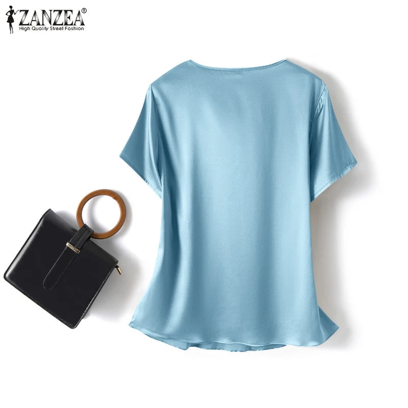 ZANZEA 2023 Women Summer Blouses Stylish Satin Tops Short Sleeve Blusas Female O Neck Casual Home Wear Tunic Oversized Chemise