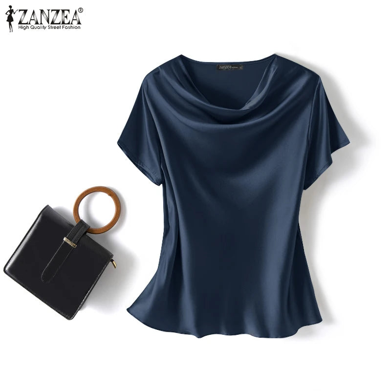 ZANZEA 2023 Women Summer Blouses Stylish Satin Tops Short Sleeve Blusas Female O Neck Casual Home Wear Tunic Oversized Chemise