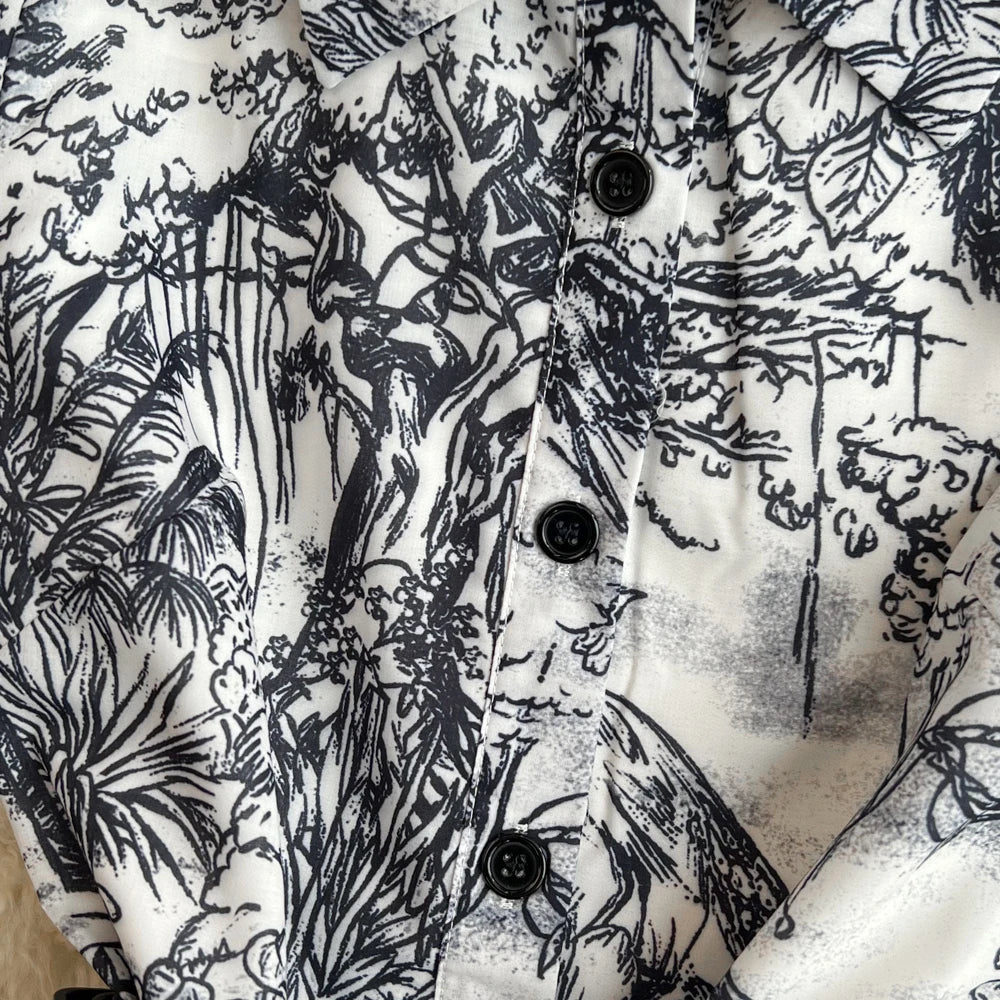 Women Fashion Elegant Print High Waist A-line Pleat Party Dress Summer Lapel Short Sleeved Vintage Vacation Dress Vestidos