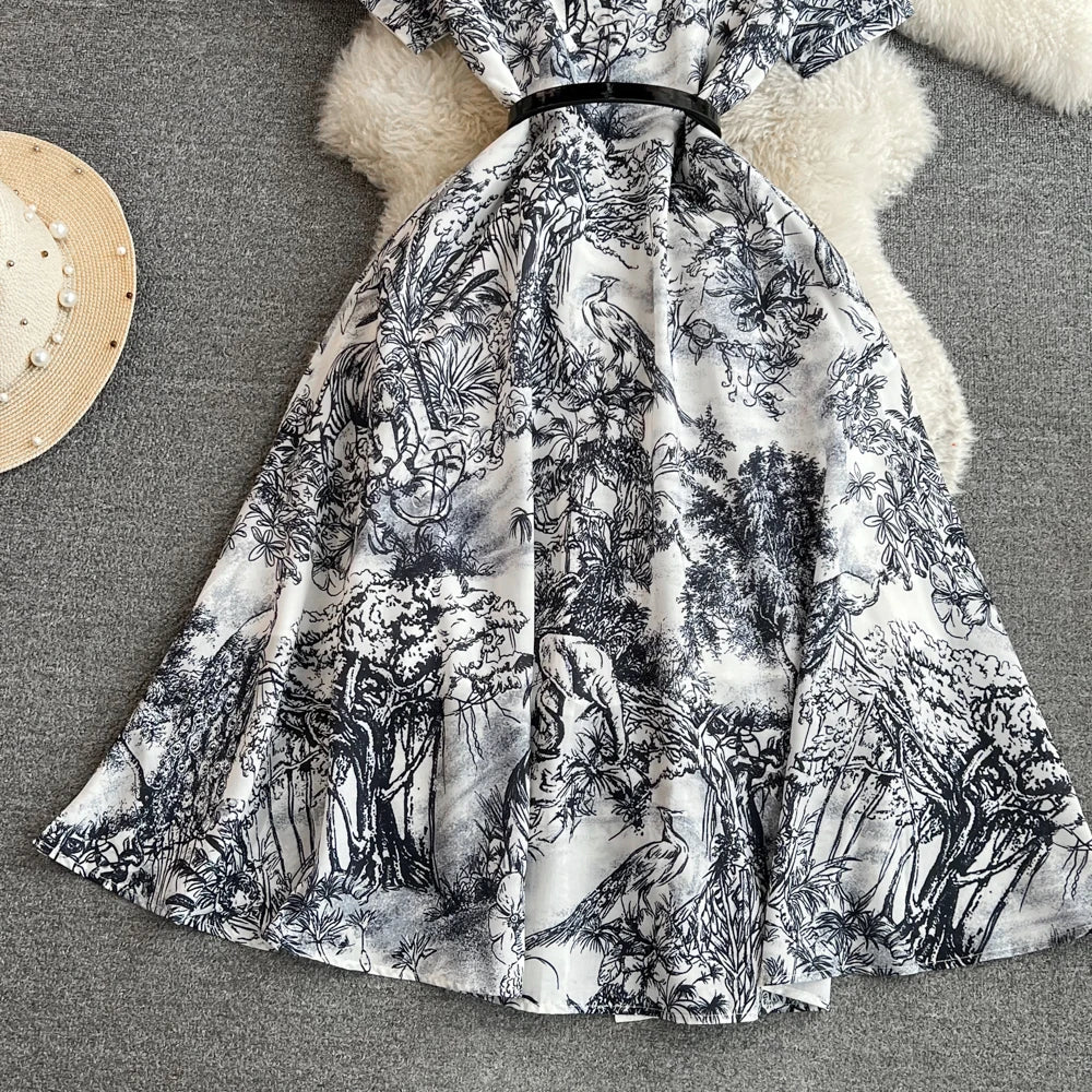 Women Fashion Elegant Print High Waist A-line Pleat Party Dress Summer Lapel Short Sleeved Vintage Vacation Dress Vestidos