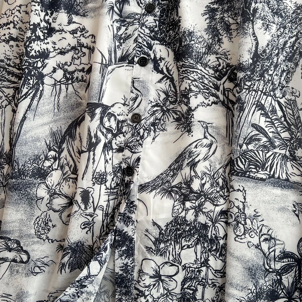 Women Fashion Elegant Print High Waist A-line Pleat Party Dress Summer Lapel Short Sleeved Vintage Vacation Dress Vestidos
