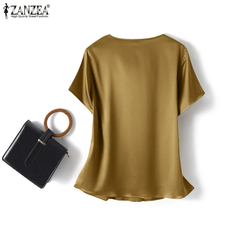 ZANZEA 2023 Women Summer Blouses Stylish Satin Tops Short Sleeve Blusas Female O Neck Casual Home Wear Tunic Oversized Chemise