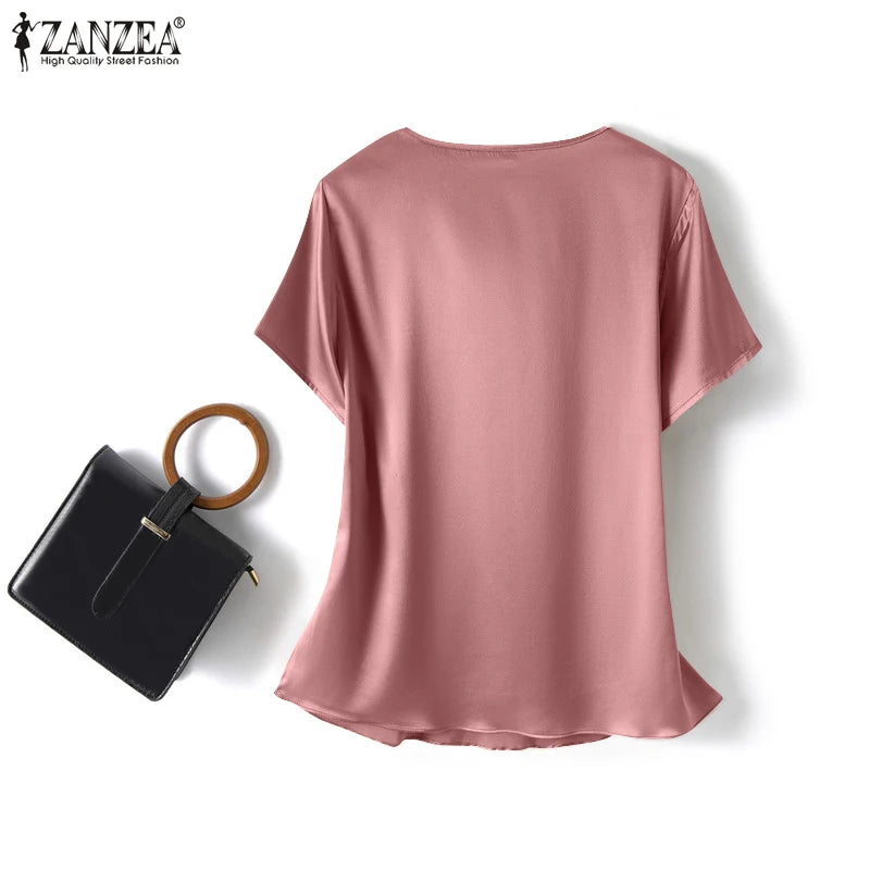 ZANZEA 2023 Women Summer Blouses Stylish Satin Tops Short Sleeve Blusas Female O Neck Casual Home Wear Tunic Oversized Chemise