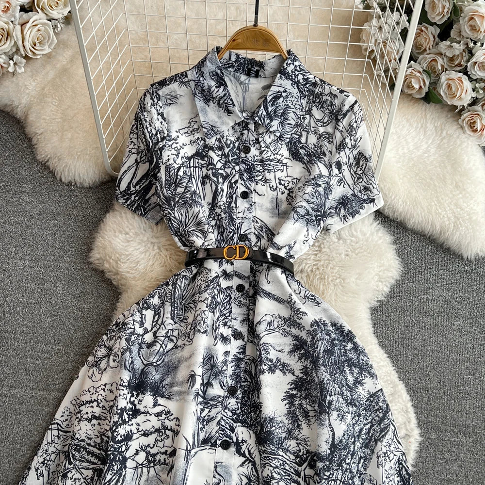 Women Fashion Elegant Print High Waist A-line Pleat Party Dress Summer Lapel Short Sleeved Vintage Vacation Dress Vestidos