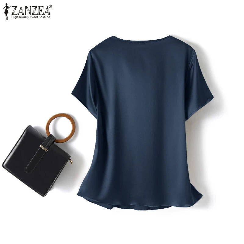 ZANZEA 2023 Women Summer Blouses Stylish Satin Tops Short Sleeve Blusas Female O Neck Casual Home Wear Tunic Oversized Chemise