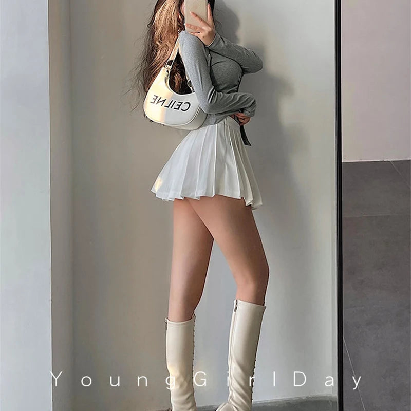 MEXZT Streetwear Sexy Mini Skirt Women Y2K Irregular Pleated Skirts with Shorts Korean White Black Gyaru Tennis Extreme Skirt