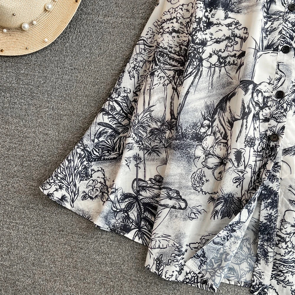 Women Fashion Elegant Print High Waist A-line Pleat Party Dress Summer Lapel Short Sleeved Vintage Vacation Dress Vestidos