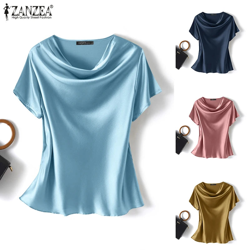 ZANZEA 2023 Women Summer Blouses Stylish Satin Tops Short Sleeve Blusas Female O Neck Casual Home Wear Tunic Oversized Chemise