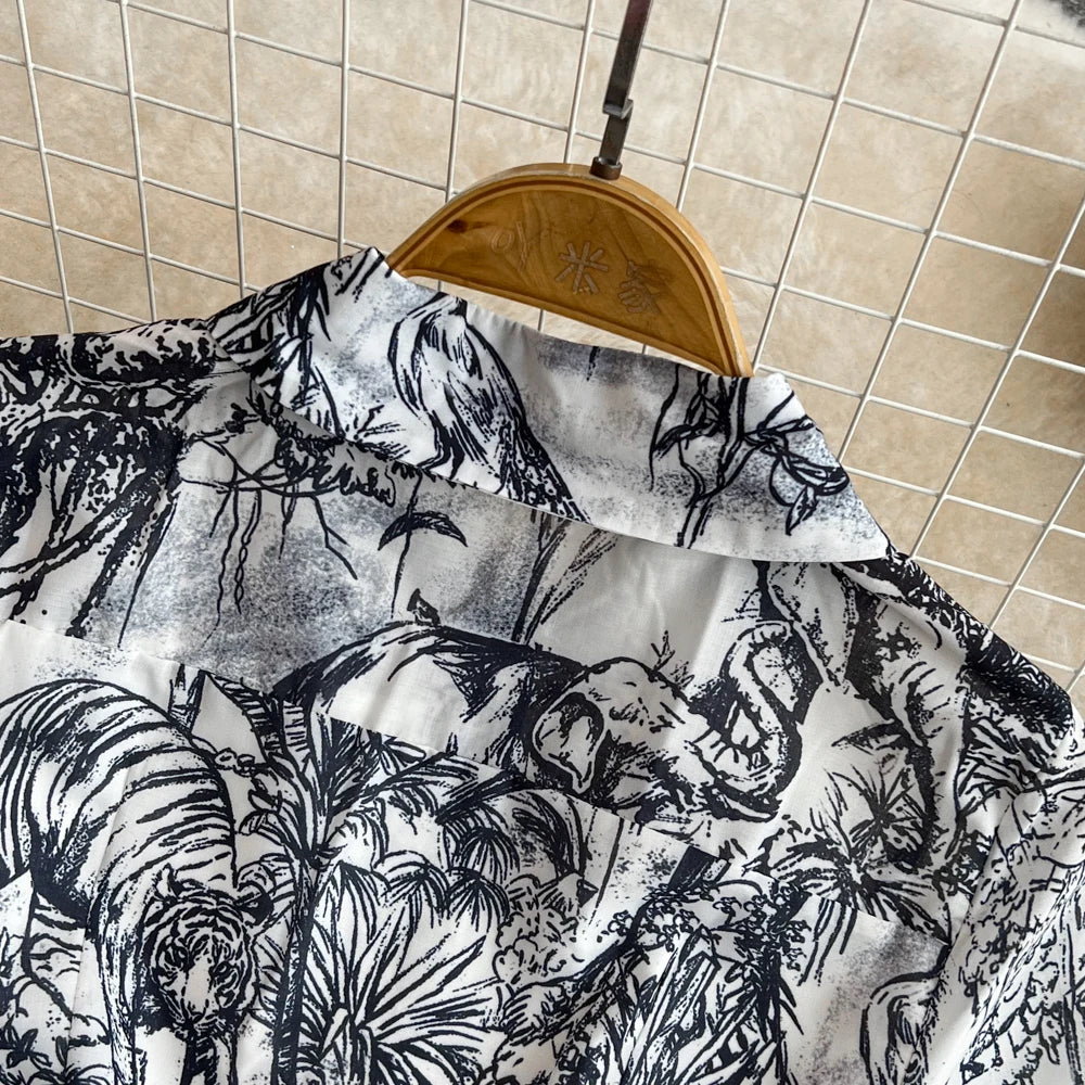 Women Fashion Elegant Print High Waist A-line Pleat Party Dress Summer Lapel Short Sleeved Vintage Vacation Dress Vestidos