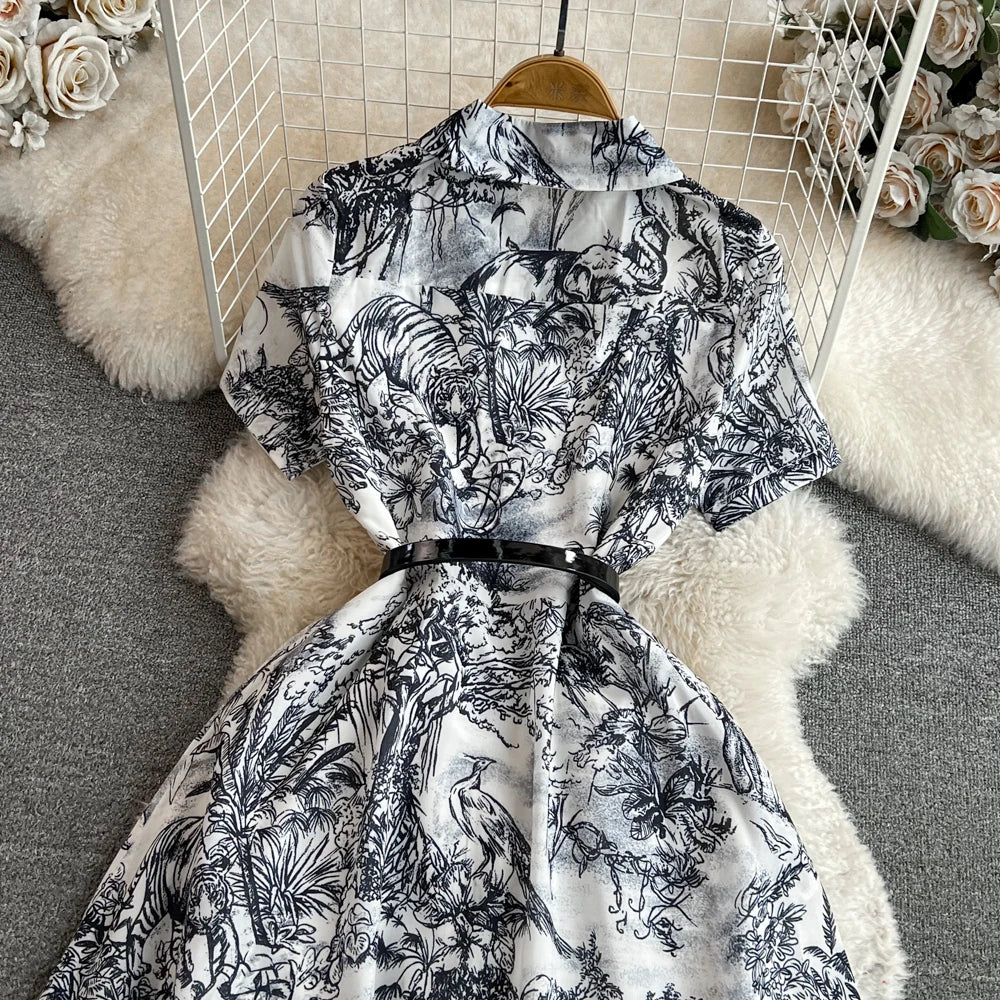 Women Fashion Elegant Print High Waist A-line Pleat Party Dress Summer Lapel Short Sleeved Vintage Vacation Dress Vestidos