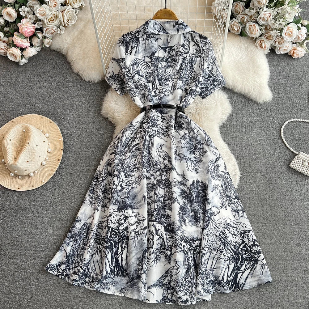 Women Fashion Elegant Print High Waist A-line Pleat Party Dress Summer Lapel Short Sleeved Vintage Vacation Dress Vestidos