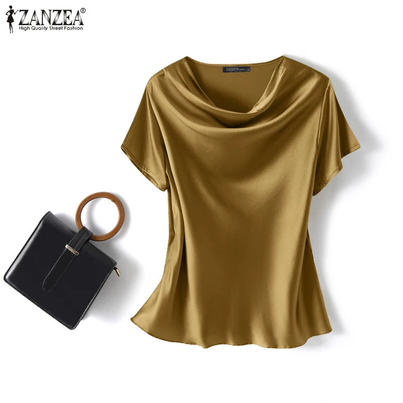 ZANZEA 2023 Women Summer Blouses Stylish Satin Tops Short Sleeve Blusas Female O Neck Casual Home Wear Tunic Oversized Chemise