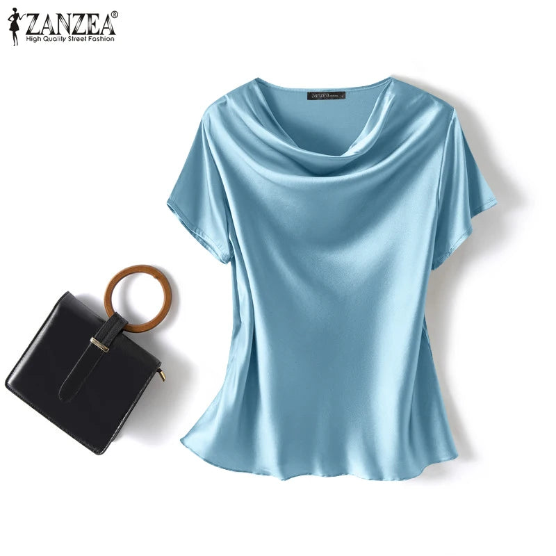 ZANZEA 2023 Women Summer Blouses Stylish Satin Tops Short Sleeve Blusas Female O Neck Casual Home Wear Tunic Oversized Chemise