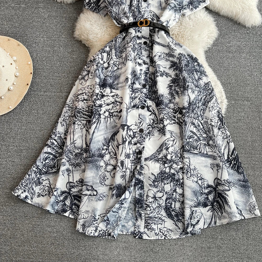 Women Fashion Elegant Print High Waist A-line Pleat Party Dress Summer Lapel Short Sleeved Vintage Vacation Dress Vestidos