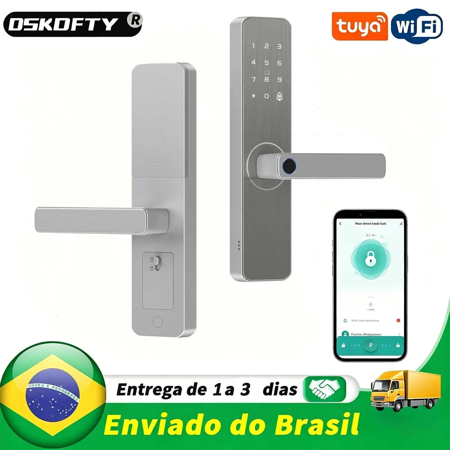 Fechadura Eletrônica Tuya Prata, Biometria, Instalação Rápida, Alta Durabilidade