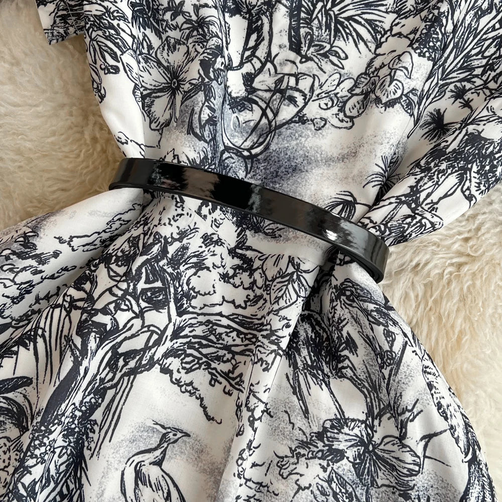 Women Fashion Elegant Print High Waist A-line Pleat Party Dress Summer Lapel Short Sleeved Vintage Vacation Dress Vestidos
