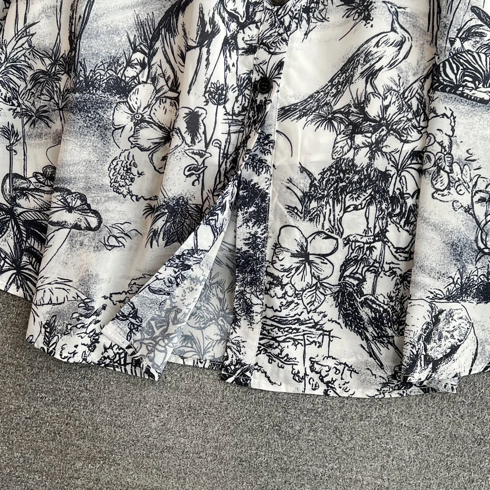Women Fashion Elegant Print High Waist A-line Pleat Party Dress Summer Lapel Short Sleeved Vintage Vacation Dress Vestidos