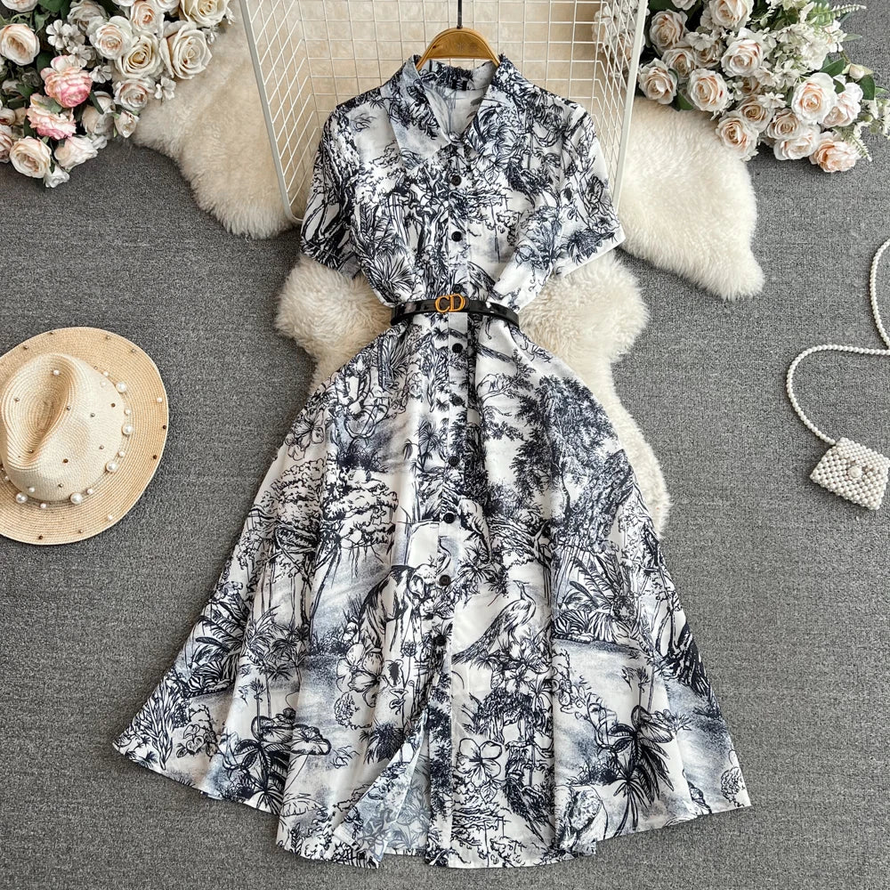 Women Fashion Elegant Print High Waist A-line Pleat Party Dress Summer Lapel Short Sleeved Vintage Vacation Dress Vestidos