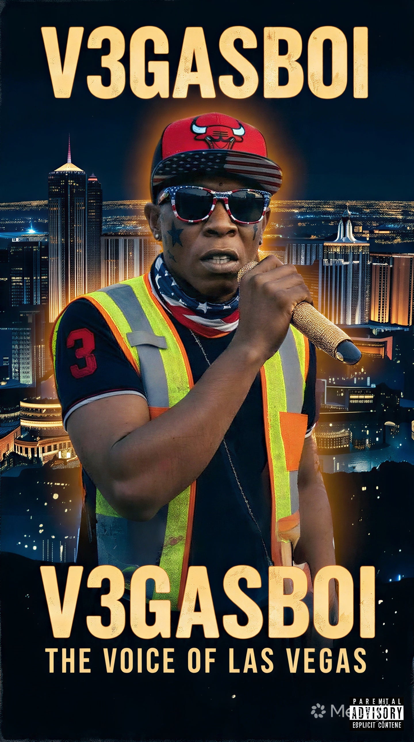 V3gasboi wearing a colorful vest and sunglasses, holding a microphone against a Las Vegas skyline backdrop.