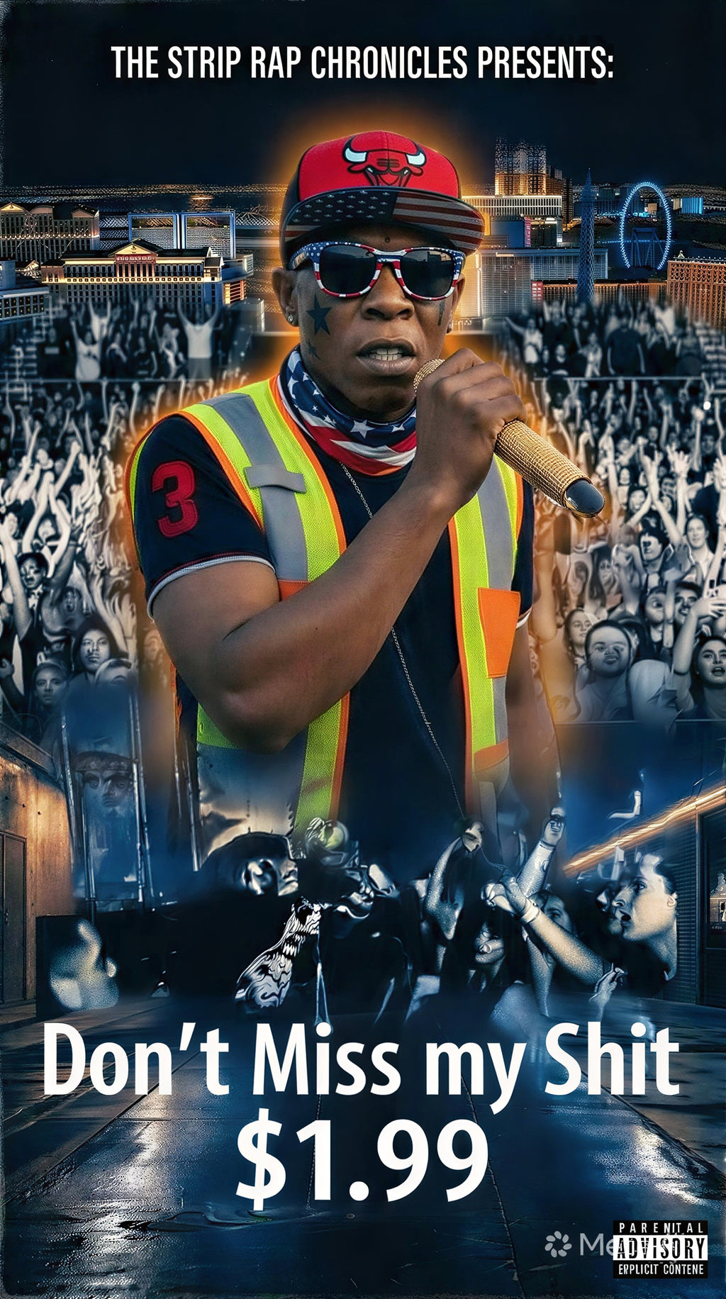 V3gasboi performing with a microphone, wearing a reflective vest and sunglasses, in front of a crowd and city backdrop.