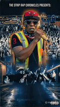 V3gasboi performing with a microphone, wearing a reflective vest and sunglasses, in front of a crowd at a concert.