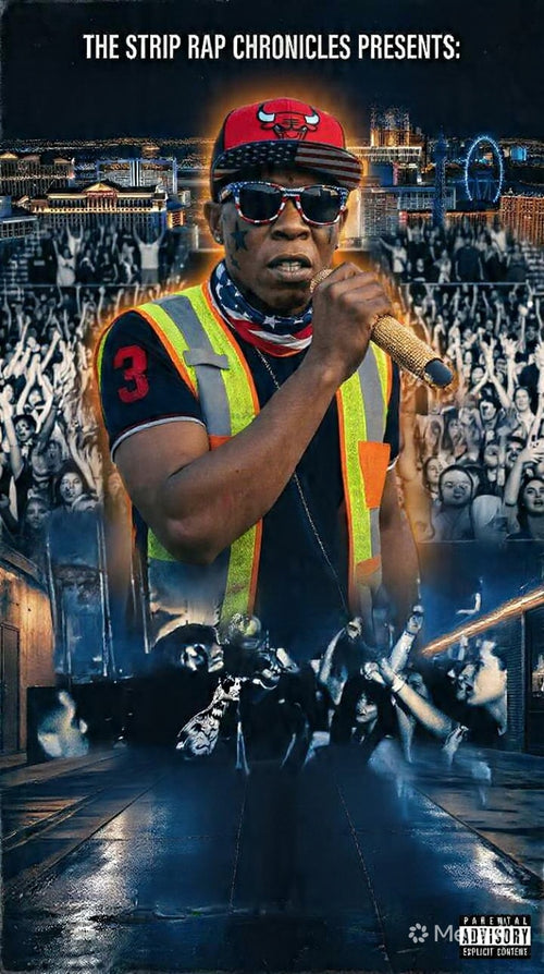 V3gasboi performing with a microphone, wearing a reflective vest and sunglasses, in front of a crowd at a concert.